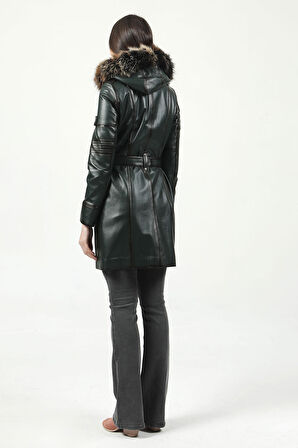 DERİCLUB Nairobi Kadın Kürk Kapüşonlu Hakiki Deri Trençkot YEŞİL