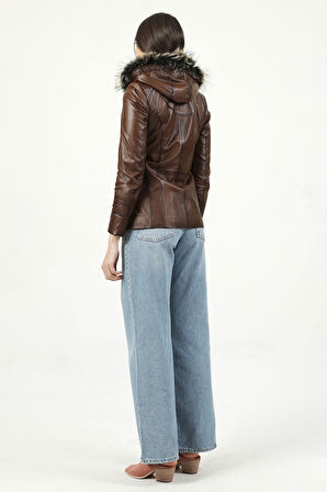 DERİCLUB Mistral Kadın Kapüşonlu Hakiki Deri Kaban CAMEL ANTİK