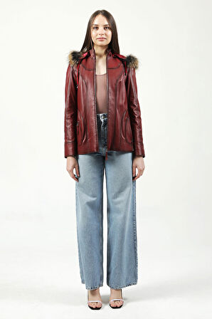 DERİCLUB Mistral Kadın Kapüşonlu Hakiki Deri Kaban ÖK.BORDO