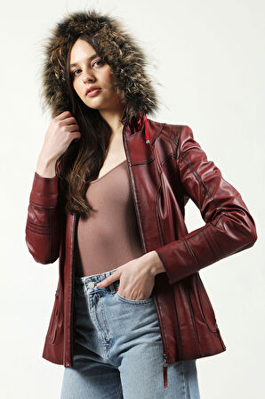 DERİCLUB Mistral Kadın Kapüşonlu Hakiki Deri Kaban ÖK.BORDO