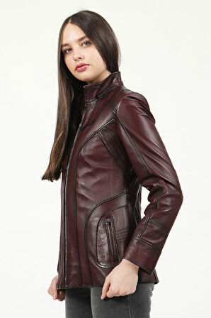 DERİCLUB Mistral Kadın Kapüşonlu Hakiki Deri Kaban BORDO
