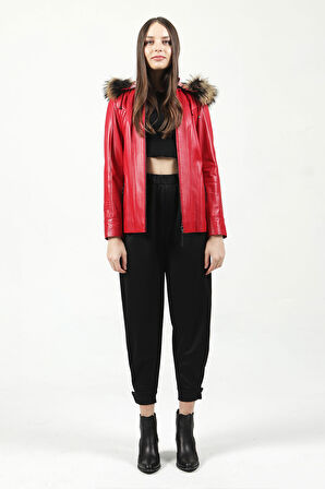 DERİCLUB Mistral Kadın Kapüşonlu Hakiki Deri Kaban B.KIRMIZI