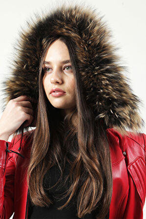 DERİCLUB Mistral Kadın Kapüşonlu Hakiki Deri Kaban B.KIRMIZI