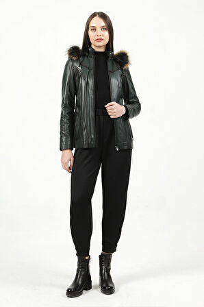 DERİCLUB Mistral Kadın Kapüşonlu Hakiki Deri Kaban YEŞİL