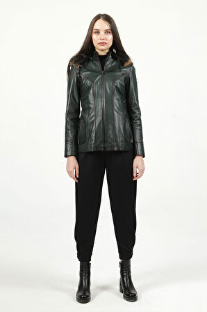 DERİCLUB Mistral Kadın Kapüşonlu Hakiki Deri Kaban YEŞİL