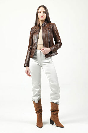 DERİCLUB Siena Kadın Slim Fit Hakiki Deri Mont CAMEL ANTİK