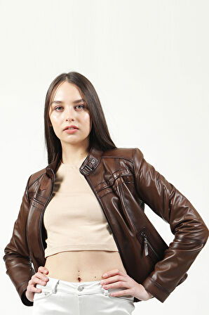 DERİCLUB Siena Kadın Slim Fit Hakiki Deri Mont CAMEL ANTİK