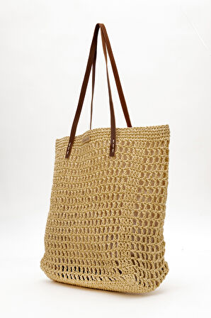 DERİCLUB Kadın Hasır El Yapımı Omuz Çantası  ZY 25002 BEJ