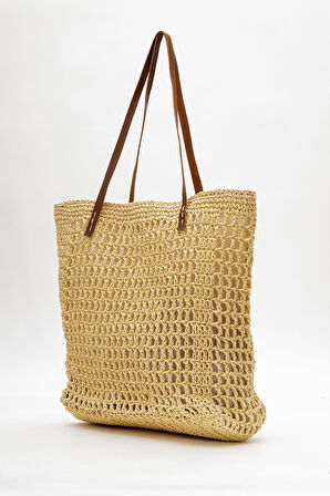 DERİCLUB Kadın Hasır El Yapımı Omuz Çantası  ZY 25002 BEJ