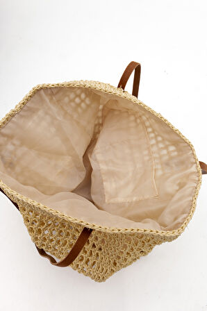 DERİCLUB Kadın Hasır El Yapımı Omuz Çantası  ZY 25002 BEJ