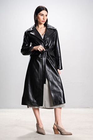 Marian Kadın Tek Düğmeli Bağlama Kemer Oversize Gerçek Deri Trençkot SİYAH