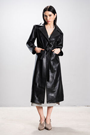 Marian Kadın Tek Düğmeli Bağlama Kemer Oversize Gerçek Deri Trençkot SİYAH