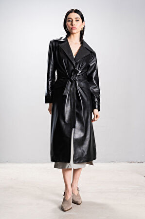 Marian Kadın Tek Düğmeli Bağlama Kemer Oversize Gerçek Deri Trençkot SİYAH