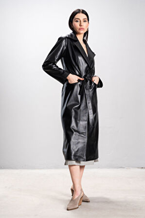 Marian Kadın Tek Düğmeli Bağlama Kemer Oversize Gerçek Deri Trençkot SİYAH