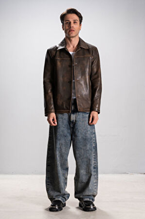 Hannover Erkek Gömlek Yaka Düğmeli Klasik Hakiki Deri Ceket TABA