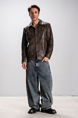 Hannover Erkek Gömlek Yaka Düğmeli Klasik Hakiki Deri Ceket TABA