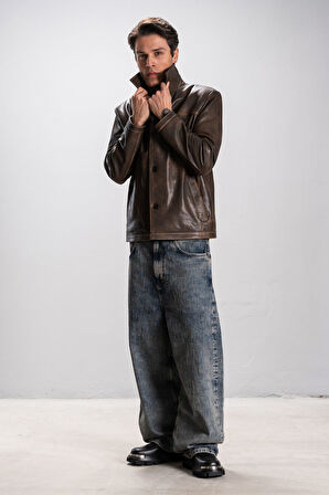 Hannover Erkek Gömlek Yaka Düğmeli Klasik Hakiki Deri Ceket TABA