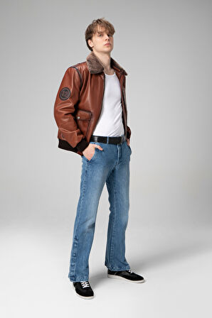 DERİCLUB Falcom Savaki Yaka Kürklü Gerçek Deri Erkek Mont VİSKİ