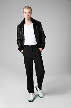 DERİCLUB Falcom Jumbo Yaka Kürklü Gerçek Deri Erkek Mont SİYAH