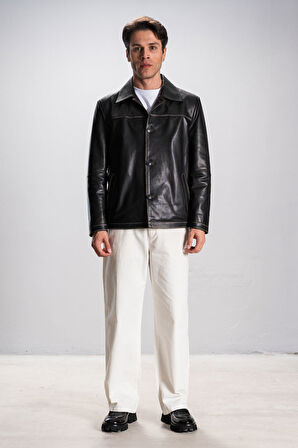 Hannover Erkek Gömlek Yaka Düğmeli Klasik Hakiki Deri Ceket GRİ