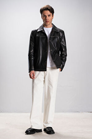 Hannover Erkek Gömlek Yaka Düğmeli Klasik Hakiki Deri Ceket GRİ