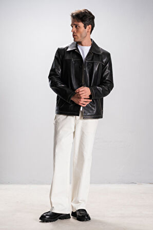 Hannover Erkek Gömlek Yaka Düğmeli Klasik Hakiki Deri Ceket GRİ