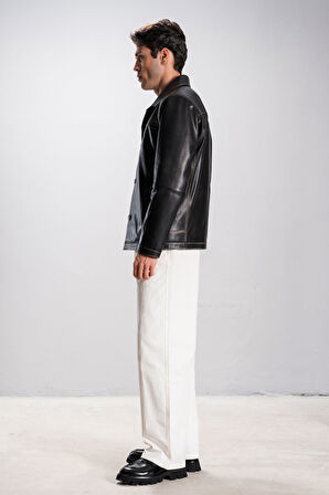 Hannover Erkek Gömlek Yaka Düğmeli Klasik Hakiki Deri Ceket GRİ