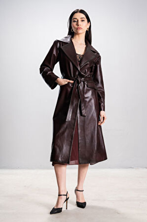 Marian Kadın Tek Düğmeli Bağlama Kemer Oversize Gerçek Deri Trençkot KESTANE