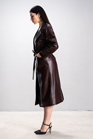 Marian Kadın Tek Düğmeli Bağlama Kemer Oversize Gerçek Deri Trençkot KESTANE