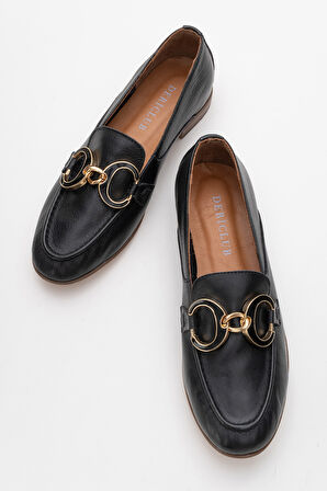 Kadın Tokalı Rahat Taban Babet Ayakkabı Gerçek Deri FR 258254 SİYAH