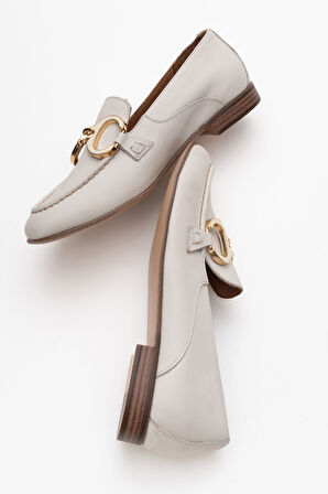 Kadın Tokalı Rahat Taban Babet Ayakkabı Gerçek Deri FR 258254 BEJ