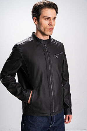 DERİCLUB Faenza Erkek Hakim Yaka Slimfit Gerçek Deri Mont SİYAH