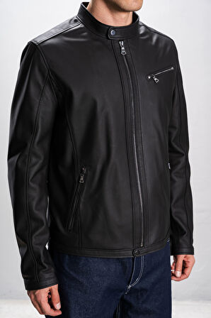 DERİCLUB Faenza Erkek Hakim Yaka Slimfit Gerçek Deri Mont SİYAH