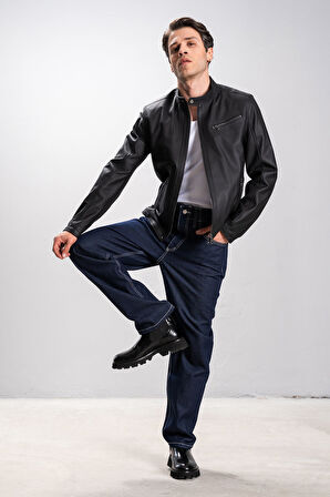 DERİCLUB Faenza Erkek Hakim Yaka Slimfit Gerçek Deri Mont SİYAH