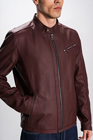 DERİCLUB Faenza Erkek Hakim Yaka Slimfit Gerçek Deri Mont BORDO