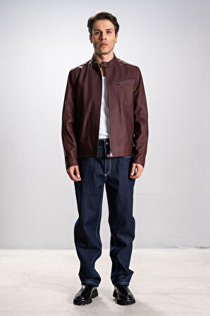 DERİCLUB Faenza Erkek Hakim Yaka Slimfit Gerçek Deri Mont BORDO