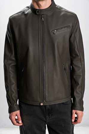 DERİCLUB Faenza Erkek Hakim Yaka Slimfit Gerçek Deri Mont YEŞİL