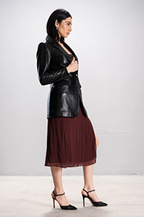 DERİCLUB Gloria Kadın Ceket Yaka Tek Düğmeli Gerçek Deri Blazer Ceket SİYAH