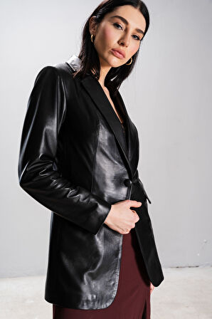 DERİCLUB Gloria Kadın Ceket Yaka Tek Düğmeli Gerçek Deri Blazer Ceket SİYAH
