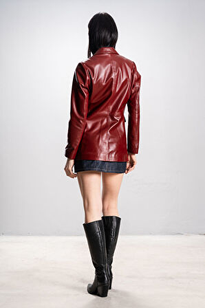 DERİCLUB Gloria Kadın Ceket Yaka Tek Düğmeli Gerçek Deri Blazer Ceket ÖK.BORDO