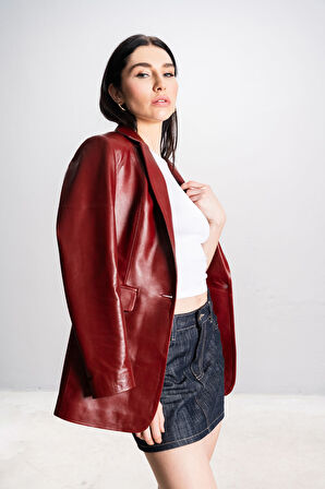 DERİCLUB Gloria Kadın Ceket Yaka Tek Düğmeli Gerçek Deri Blazer Ceket ÖK.BORDO