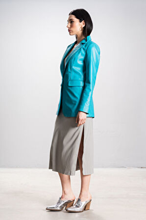 DERİCLUB Gloria Kadın Ceket Yaka Tek Düğmeli Gerçek Deri Blazer Ceket TURKUAZ