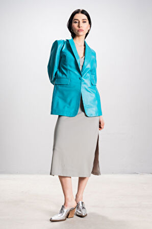 DERİCLUB Gloria Kadın Ceket Yaka Tek Düğmeli Gerçek Deri Blazer Ceket TURKUAZ