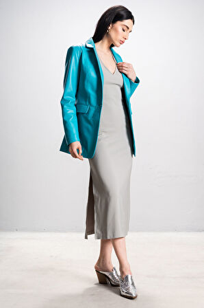 DERİCLUB Gloria Kadın Ceket Yaka Tek Düğmeli Gerçek Deri Blazer Ceket TURKUAZ