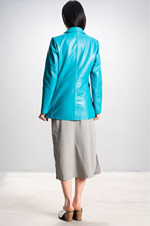 DERİCLUB Gloria Kadın Ceket Yaka Tek Düğmeli Gerçek Deri Blazer Ceket TURKUAZ