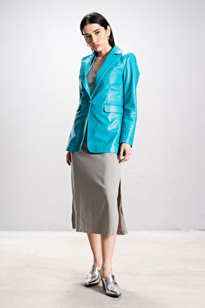 DERİCLUB Gloria Kadın Ceket Yaka Tek Düğmeli Gerçek Deri Blazer Ceket TURKUAZ