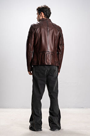 DERİCLUB Keigo Erkek Dik Yaka El Yapımı Motorcu Gerçek Deri Mont KAHVERENGİ