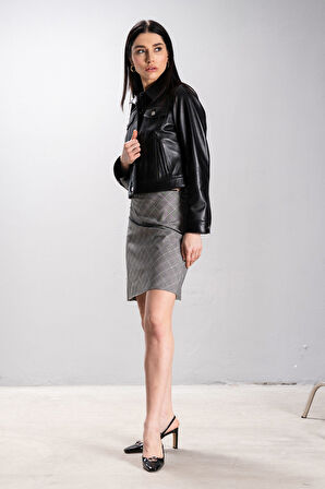 DERİCLUB Cardi Kadın Cropfit Gerçek Deri Mont SİYAH