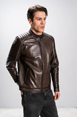 DERİCLUB Boston Erkek Hakim Yaka Slimfit Gerçek Deri Spor Mont KAHVERENGİ