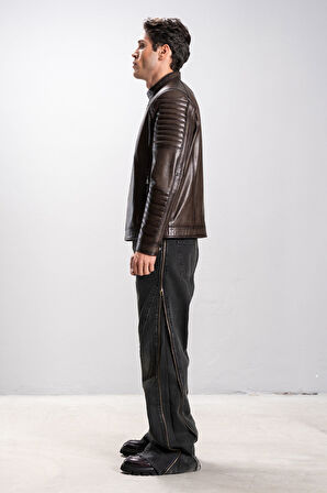 DERİCLUB Boston Erkek Hakim Yaka Slimfit Gerçek Deri Spor Mont KAHVERENGİ